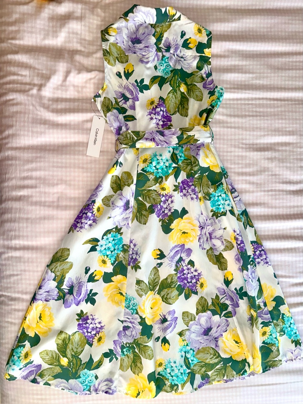 Calvin Klein Yellow & Purple Floral Shirtwaist Dress with Tie Belt - Picture 11 of 11